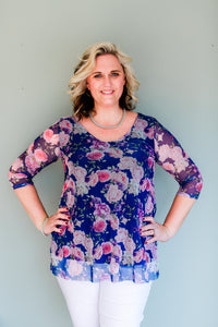 Navy & pink floral mesh overlay top - CAN 